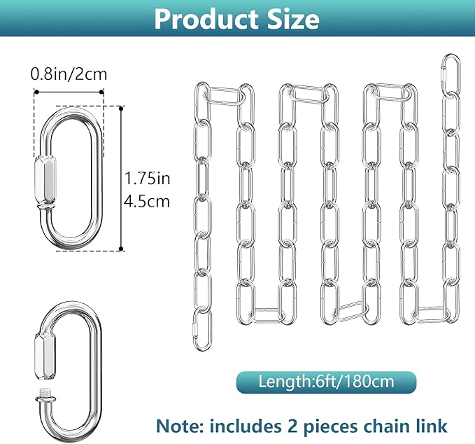 garini 6 Feet Silver Light Fixture Chain, Adjustable Metal Pendant Chandelier Chain Extension with Detachable Link, Maximum Load is 66 Pounds, 2 Pack