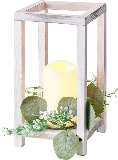 VEVOR 12 Set/36 Pcs Wooden Wedding Lantern Centerpiece, Includes 12 Wooden Lantern Candle Holder 12 Flameless LED Candle 12 Eucalyptus Leaves Wreath for Wedding Table Party Farmhouse Decor, White
