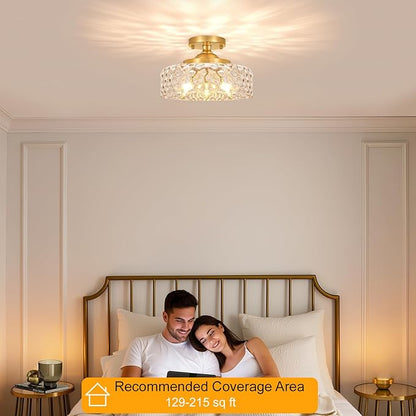 Gold Semi Flush Mount Ceiling Light, 3-Light Ceiling Light with Hammered Glass, Vintage Hallway Lights, Brass Closet Light Fixture, Kitchen Flush Ceiling Mount for Entryway Bedroom Bathroom,E12