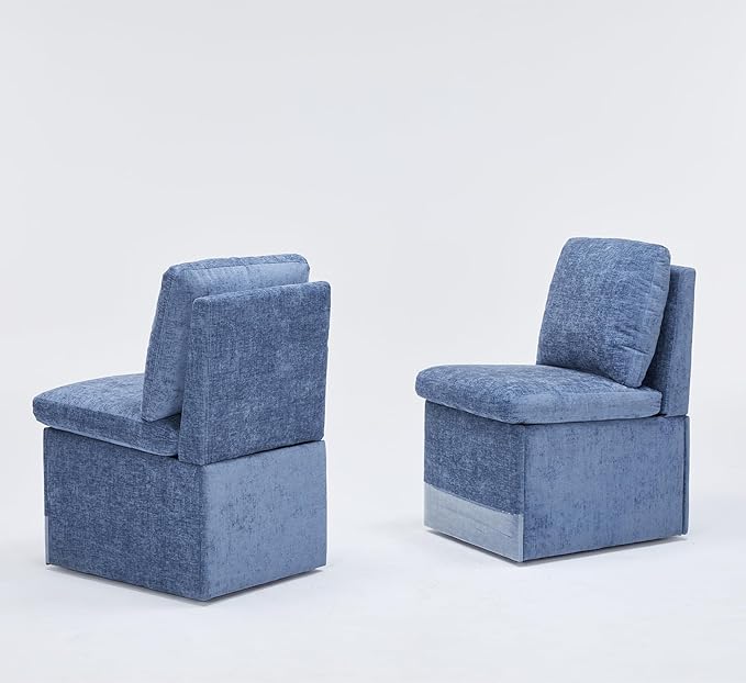 Set of 2 Linen Upholstered Armless Dining Chair with Casters and Storage Space, Modern Dining Room Chairs with Wheels for Dining Room Kitchen Bedroom Reading Room Living Room, Blue
