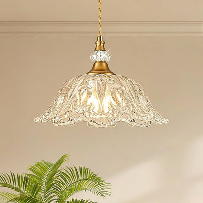 1 Piece Vintage Chandelier Light Fixtures with Crystal Glass Shade,Matte Brass Finish Pendant Light for Kitchen Island, Hanging Light Fixture for Dining Room, Hallway, Living Room, Bedroom