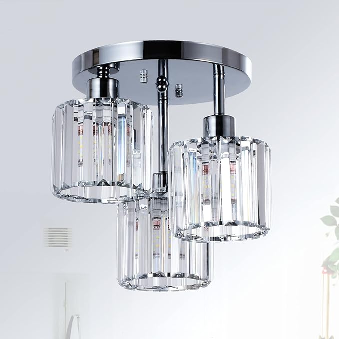 PAUFUL Semi Flush Mount Ceiling Light,3-Light Modern Close to Ceiling Light Fixtures,Kitchen Light with Clear Crystal Shades, Hallway Light Fixtures for Kitchen Entryway Bedroom Bathroom Foyer