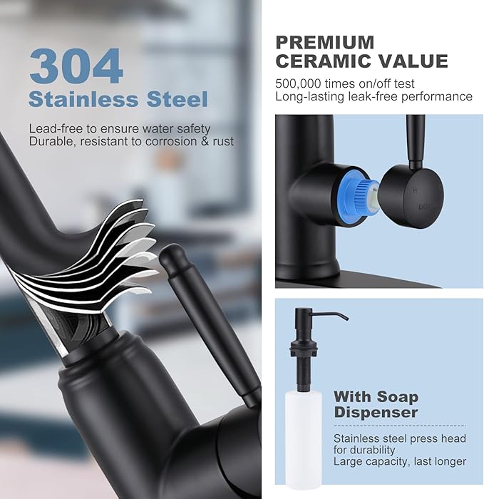 Black Kitchen Faucet with Soap Dispenser, WOWOW Stainless Steel Kitchen Faucet for Sink 2 or 4 Hole, High Arc Vintage Kitchen Sink Faucet with Pull Down Sprayer and Deck Plate