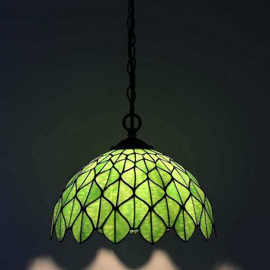 Tiffany Pendant Light Plug-in Stained Glass Hanging Lamp 12”x12”x181” Green Maple Leaf Swag Light Vintage Lighting for Dining Room Living Room Kitchen Hallway Bedroom