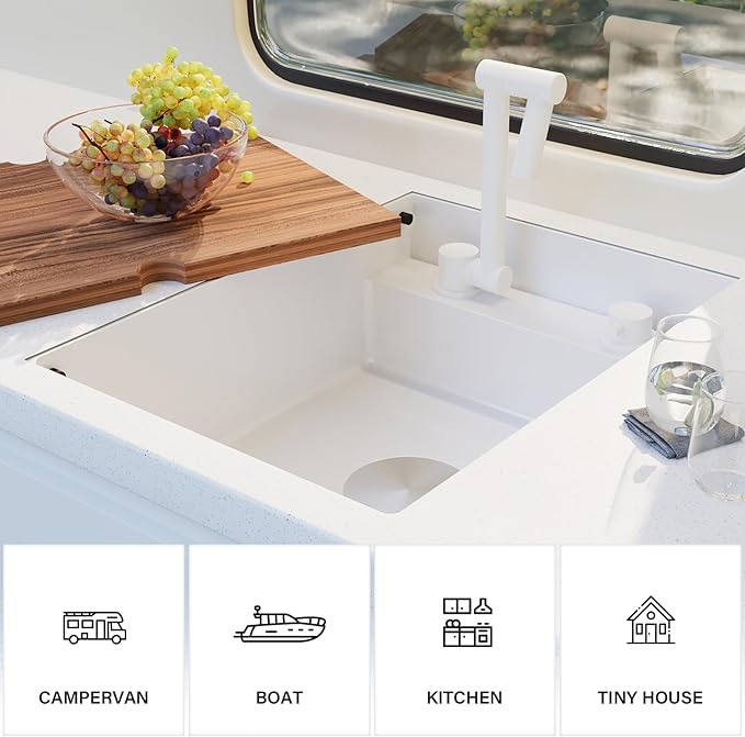 TORVA RV Kitchen Sink, 16 x 21 x 7 Inch Undermount Bar Sink 16 Gauge Stainless Steel Single Bowl Sink with Foldable Faucet Cutting Board, White
