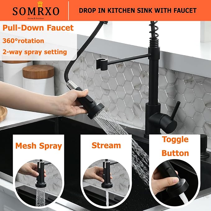 30×22 Drop In Kitchen Sink with Faucet Combo - Black Stainless Steel Drop In Sink with Cup Washer, 9 Inch Deep Single Bowl Sinks and Faucets Combo Set,Top Mount Design for Modern Kitchens