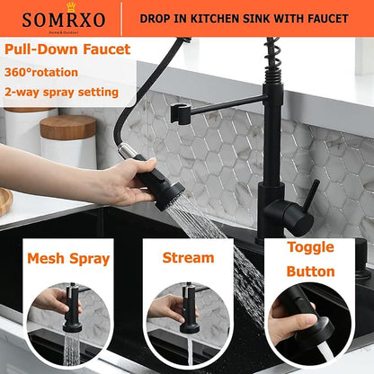 30×22 Drop In Kitchen Sink with Faucet Combo - Black Stainless Steel Drop In Sink with Cup Washer, 9 Inch Deep Single Bowl Sinks and Faucets Combo Set,Top Mount Design for Modern Kitchens