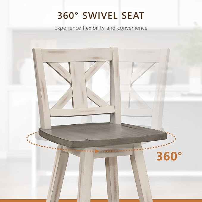 Lexicon Bar Height Bar Stools Set of 2-Solid Wood Frame 360° Swivel Wooden Stools, Foot Rest, X Back, Wide Seat, Distressed Farmhouse Easy to Clean Finish, 28.5" SH, Antique White/Grey