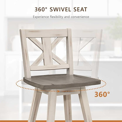 Lexicon Bar Height Bar Stools Set of 2-Solid Wood Frame 360° Swivel Wooden Stools, Foot Rest, X Back, Wide Seat, Distressed Farmhouse Easy to Clean Finish, 28.5" SH, Antique White/Grey