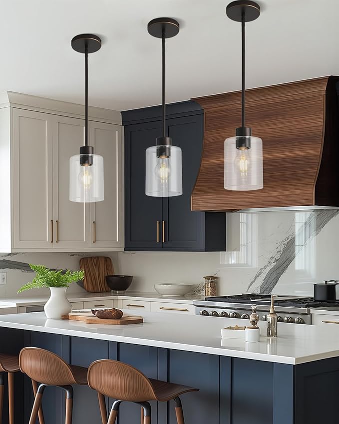 Brown and Gold Pendant Lights Kitchen Island - Clear Glass Pendant Light Fixture Multiple Stems Rods 3 Units 12 Inch 3 Units 4 Inch (2 Pack Brown and Gold Downrod)