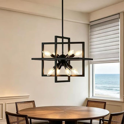 Small Modern Lantern Chandeliers, Geometric Black Pendant Lighting, 8-Light Industrial Hanging Chandelier Light Fixture for Dining Room, Kitchen, Bedroom, Foyer, Entryway, Farmhouse UL Listed