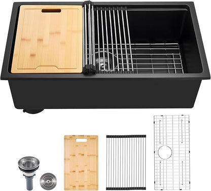 VEVOR 33 inch Kitchen Sink Workstation, Top Mount Granite Sinks, Drop-In Single Bowl Farmhouse Basin with Multiple Accessories, Household Dishwasher Sinks (18"D x 30"W x 9"H)
