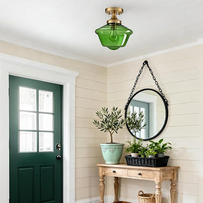 SAMTEEN Schoolhouse Light Fixtures Gold Ceiling Light 10-Inch Modern Green Glass Semi Flush Mount Ceiling Light Vintage Brass Hallway Light Fixtures for Bedroom Kitchen Entryway Living Room