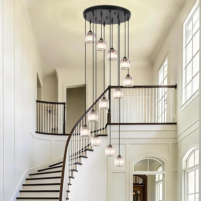Long Chandeliers for High Ceilings Raindrop Crystal Chandelier for High Ceilings, Modern Staircase Foyer Crystal Pendant Light Raindrop Drop Lamp Chandelier for Entryway 12-Light Black