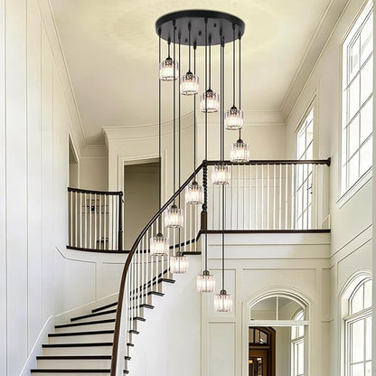 Long Chandeliers for High Ceilings Raindrop Crystal Chandelier for High Ceilings, Modern Staircase Foyer Crystal Pendant Light Raindrop Drop Lamp Chandelier for Entryway 12-Light Black