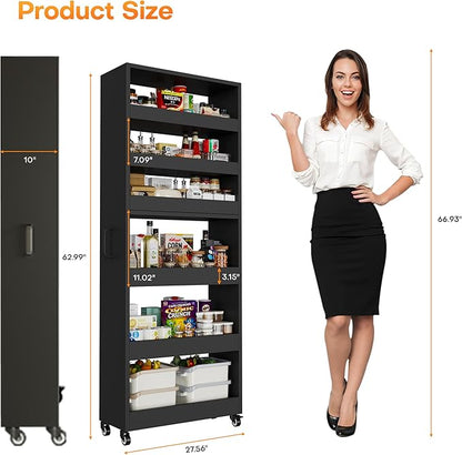 Slim Storage Cart, Lightweight 6 Tier Metal Rolling Utility Kitchen Cart on Wheels, Mobile Storage Shelving Unit Organizer for Bathroom Laundry Office Narrow Places (Black, 10" D)