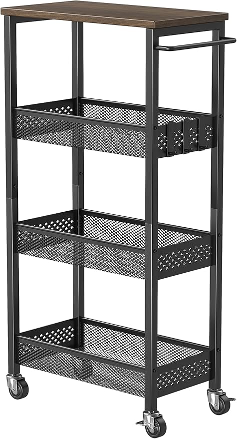 XYZLVSI Slim Storage Cart 4 Tier Fruit and Vegetable Baskets for Kitchen Small Space, Narrow Laundry Cart on Wheels with Wooden Top and Metal Handle for Pantry, Bathroom, Laundry Room