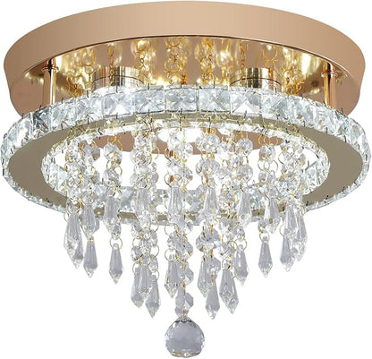 Deckrico Modern Gold Crystal Chandelier 11.8" LED Ceiling Light, Flush Mount Lighting Fixture for Bedroom, Hallway, Kitchen, Dining Room – Cool White