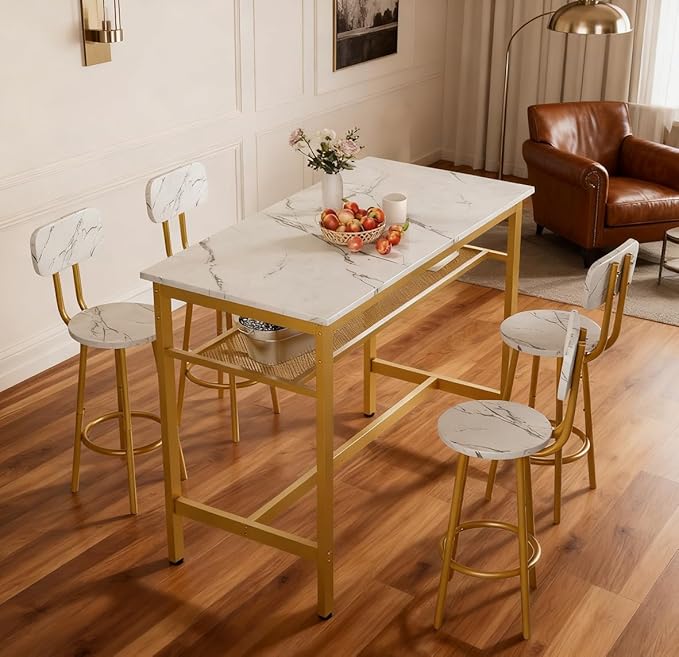 5 Piece Bar Table Set with 4 Stool Modern Bar Height with Storage Shelves Faux Marble Table Top with Gold Metal Frame Bar Table Set for Kitchen Dining Room Small Space