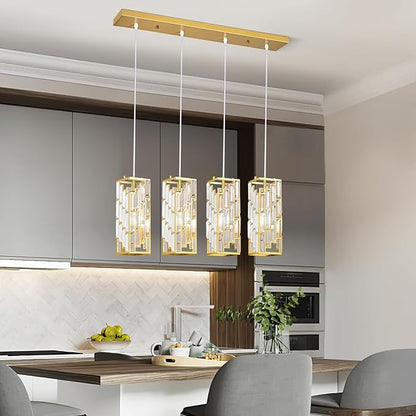 Gold Pendant Lighting Modern Pendant Light, Mini Crystal Chandeliers,Adjustable Pendant Light Fixture for Kitchen Island Dinning Room Bedroom (4 Light)