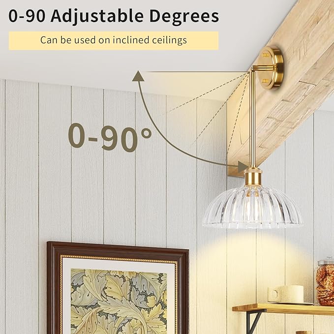 JYO 10" Gold Pendant Light, Vintage Single Pendant Light Fixtur with Ribbed Glass, Pendant Light for Kitchen Island Bedroom Hotel Living Room