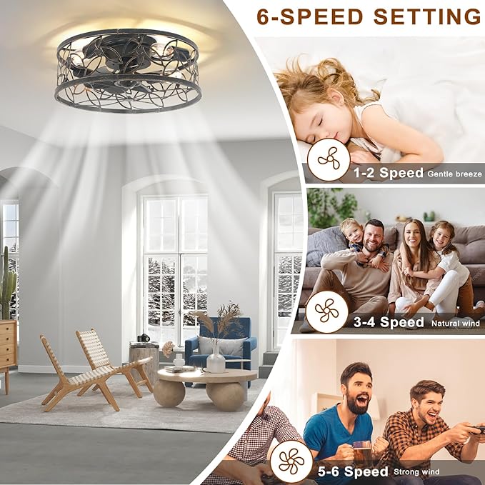Garwarm Caged Ceiling Fan with Light,18in Rustic Industrial Ceiling Fans with Lights and Remote,Bladeless Fandelier Ceiling Fan,Small Flush Mount Ceiling Fan for Kitchen,Bedroom(6 Speed,Timing)-Bronze