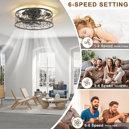 Garwarm Caged Ceiling Fan with Light,18in Rustic Industrial Ceiling Fans with Lights and Remote,Bladeless Fandelier Ceiling Fan,Small Flush Mount Ceiling Fan for Kitchen,Bedroom(6 Speed,Timing)-Bronze