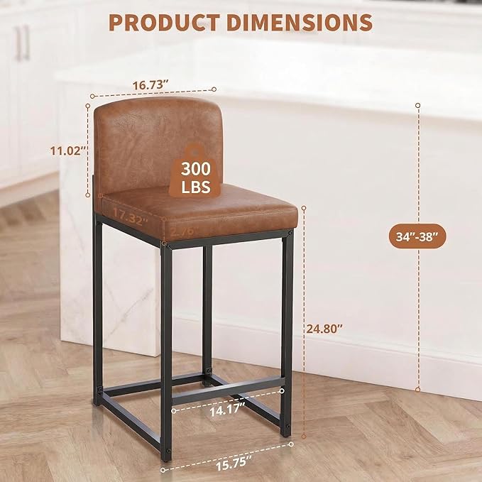GarveeHome Bar Stools Set of 2, Modern Counter Height Bar Stools with Back and Footrest, Faux Leather Upholstered Barstools Chairs for Kitchen Island Dining Room Bar, Brown