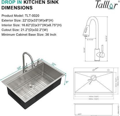 33x22 Drop In Kitchen Sink with Faucet Combo - 33 Inch Kitchen Sinks Drop In 16 Gauge Stainless Steel Topmount Single Bowl Workstation Over Mount Sinks and Faucet Combo Set #TLT-0020