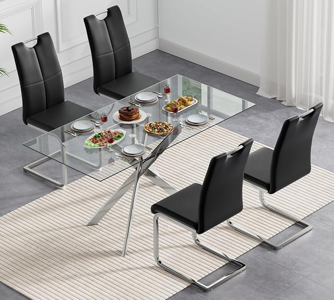 SSLine 51.2" Rectangle Glass Dining Table for 4 Modern Glass Tabletop Kitchen Table for 4 Luxury Dining Room Tables with Silver Nest-Shape Metal Base for Home Kitchen Dining Room