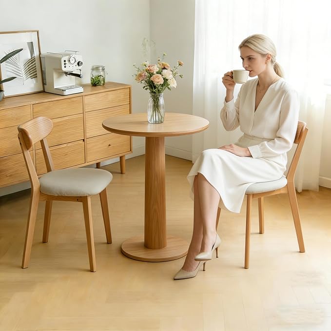 Dining Chairs Set of 4, Solid Oak Wood Frame with Pear White Thick Upholstered Seat, Mid-Century Modern Curved Backrest, Heavy Duty 400 lb Capacity Padded Chairs for Dining Room & Breakfast Nook