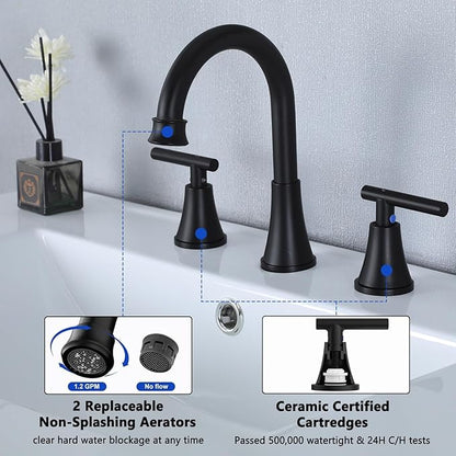 HOTIS Black Bathroom Faucet 3 Hole, 2 Handle 360° Swivel Matte Black 8 Inch Widespread Bathroom Sink Faucet, Lavatory Sink Faucet with Pop-up Drain and Supply Lines, HT-MC-032B