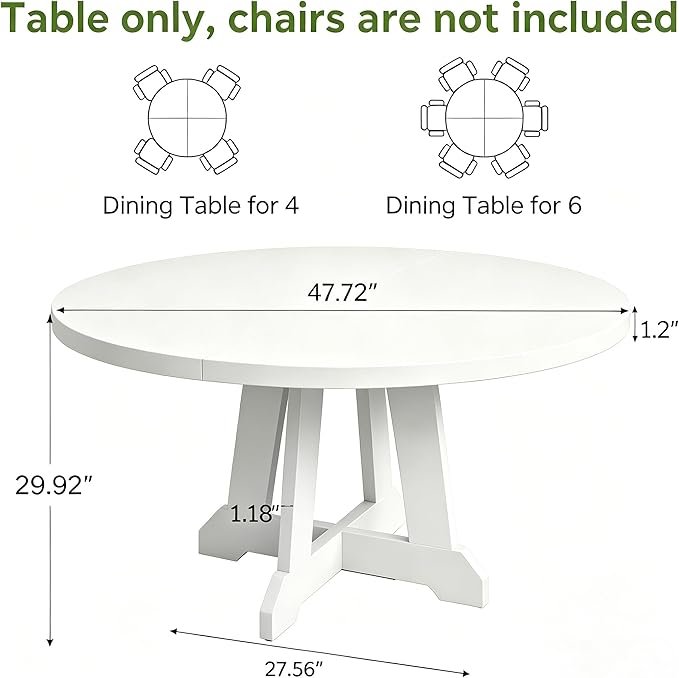 GarveeHome Round Dining Table for 4, 47 Inches Dining Room Table with Wooden Base, Kitchen Table with Circle Tabletop, Dinner Table for Dining Room, Kitchen, Living Room, White