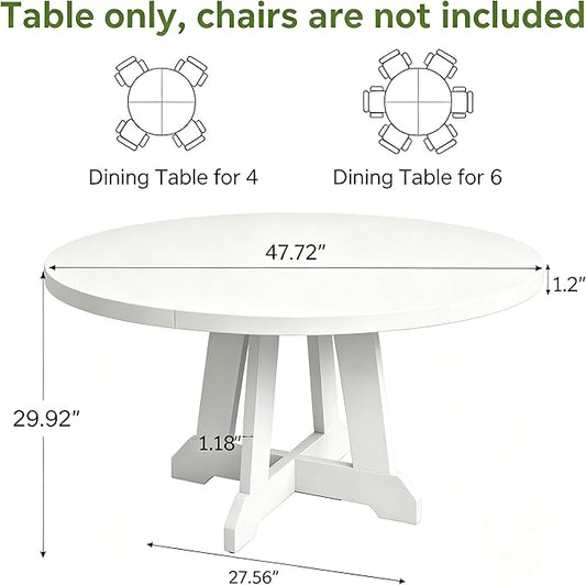 IDEALHOUSE Round Dining Table for 4, 47 Inches Dining Room Table with Wooden Base, Kitchen Table with Circle Tabletop, Dinner Table for Dining Room, Kitchen, Living Room, White