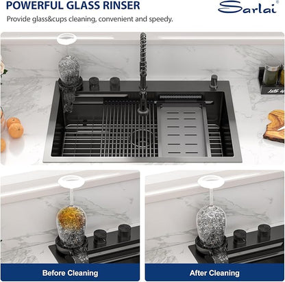 Sarlai Waterfall Kitchen Sink 30 Inch Black Drop In Kitchen Sink Topmount 16 Gauge Stainless Steel 30x22 Inch Single Bowl Multifuction Workstation Top Mount Sinks with Double Knob