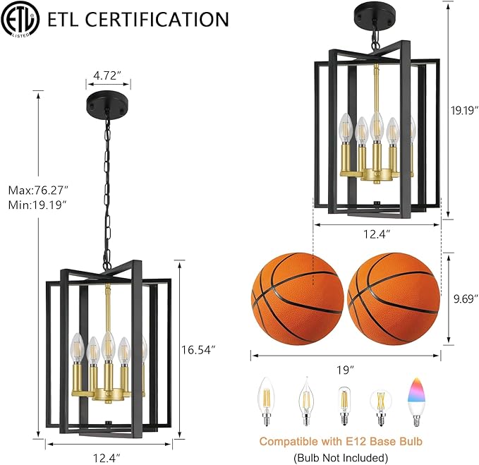 LynPon 12.4"" Black and Gold Chandelier, 5-Light Modern Chandelier for Foyer, Farmhouse Ceiling Light Fixtures Hanging Light for Dining Room, Kitchen, Living Room, Bedroom, Hallway, Stairway, Entryway