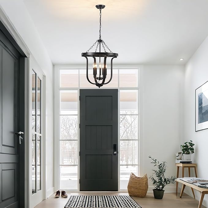 Black Farmhouse Chandelier 5-Light, 19” Industrial Lantern Chandelier Entryway Light Fixture, Metal Cage Rustic Hanging Pendant Lighting Fixture for Foyer Kitchen Dining Room Living room Hallway