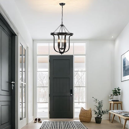 Black Farmhouse Chandelier 5-Light, 19” Industrial Lantern Chandelier Entryway Light Fixture, Metal Cage Rustic Hanging Pendant Lighting Fixture for Foyer Kitchen Dining Room Living room Hallway