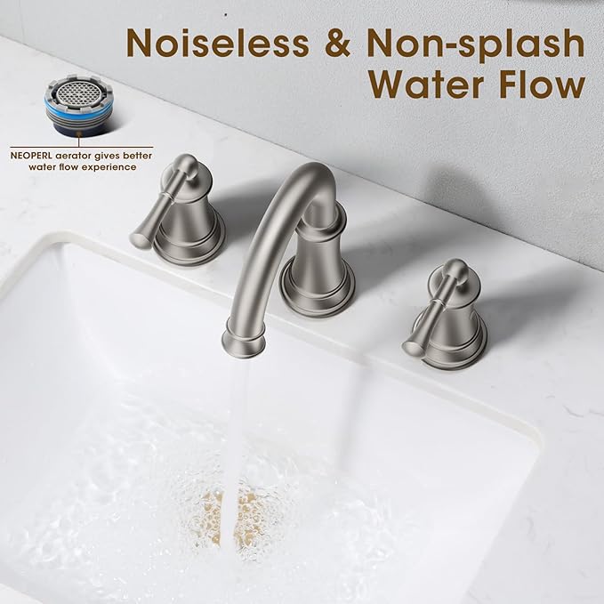Classic Brushed Nickel Bathroom Faucet, 360° Rotatable Spout, 2 Handles, 3 Hole Widespread, Pop Up Drain & Supply Lines Included, Antique Style (L2304-BN)