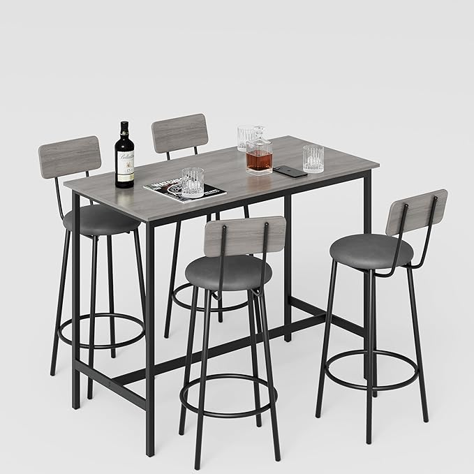 Bar Table Set with 4 Stools, Counter Height Kitchen Dining Table Set, PU Upholstered Bar Stools with Backrest, Space Saving, Grey