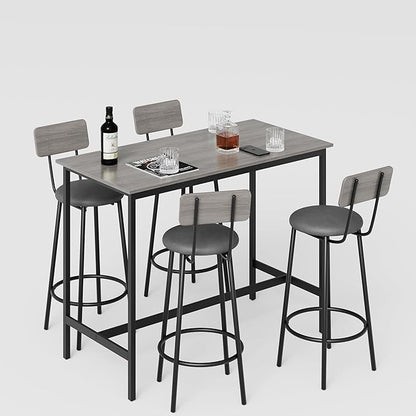 Bar Table Set with 4 Stools, Counter Height Kitchen Dining Table Set, PU Upholstered Bar Stools with Backrest, Space Saving, Grey