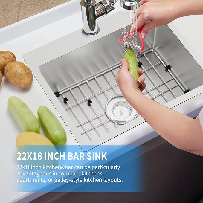 22x18 Inch Kitchen And Bar Sink - Stainless Steel Drop In Small Single Bowl Kitchen Sink With Bottom Grid,Soap Mat And Drain Assembly Set