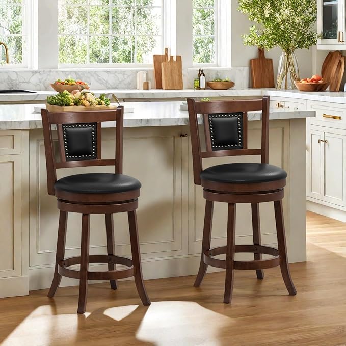 ERGOMASTER Swivel Bar Stools Set of 2-25.5 Inch Counter Height with Footrest, 360° Spin & Extra Wide Seat, Vintage Rubber Wood Frame, 250 lbs Capacity, Kitchen Island Stools for Small Spaces