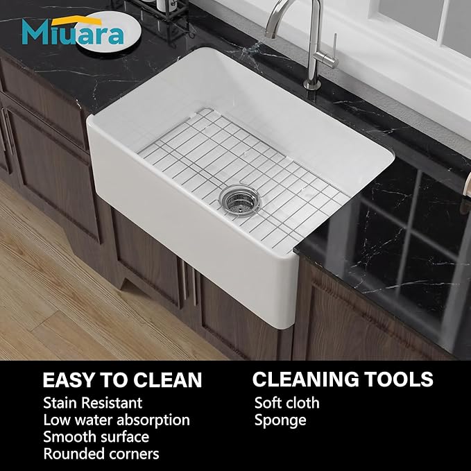 Miuara Farmhouse Sink 27 Inch - Small Apron Front Undermount Kitchen Sink Reversible 27"x18"x10", Farm House Style Single Bowl, Heavy Duty Solid Fireclay, White, for Kitchen & Laundry & Small Space