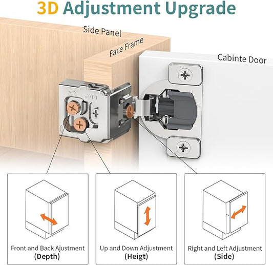 50 Pack 1 1/2" Overlay 3D Soft Close Hinges for Face Frame Kitchen Cabinet, 3 Way Adjust, Self Closing Concealed Cabinet Hinges-105 Degree