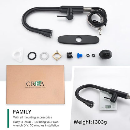 CREA Black Kitchen Faucet, Pull Down Kitchen Faucets with Sprayer 3 Modes, Uitility Laundry Faucets Single Hole Bar Sink Faucet 360° Swivel High Arc Stainless Steel RV Faucet, Matte Black