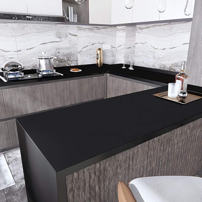Decotalk Solid Black Wallpaper Peel and Stick 17.7"X400" Black Wallpaper for Bedroom Wallpaper Black Contact Paper for Cabinets and Drawers Solid Black Cabinet Vinyl Wrap Removable