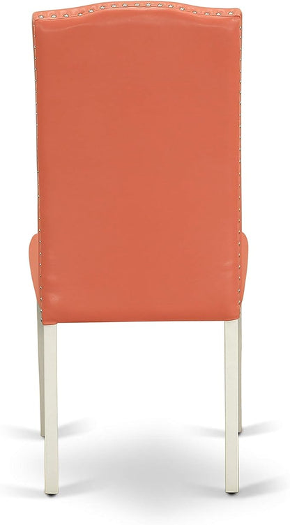East West Furniture ENP2T78 Encinal Parsons Dining Chairs - Nailhead Trim Pink Flamingo Faux Leather Upholstered Chairs, Set of 2, Linen White