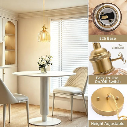 Ralbay 3 Pack Pendant Lights with Amber Tulip Glass Lampshade, Mini Pendant Light Fixture with Switch, Adjustable Vintage Brass Hanging Light for Kitchen Island Bedroom Dining Room Hallway