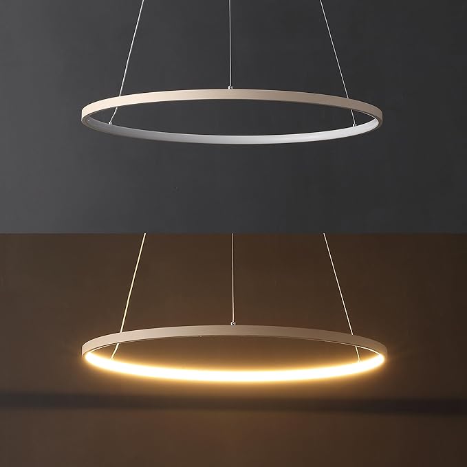 JONATHAN Y 23.75" Beige Modern Integrated LED Pendant Light, Dimmable Round Hoop Chandelier for Kitchen Island, Dining Room, Adjustable Height Metal Hanging Light (JYL7203H)
